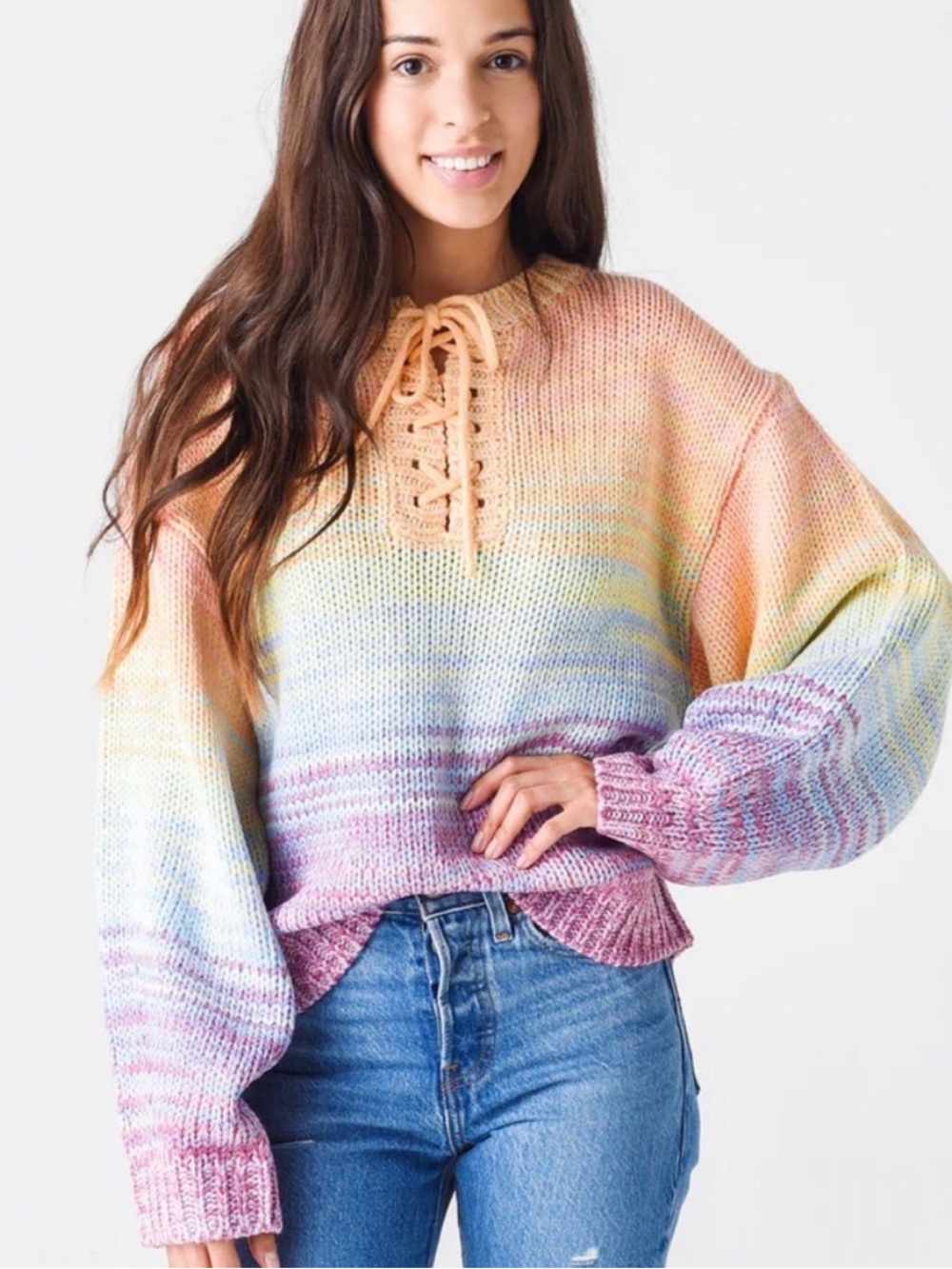 525 AMERICA Pastel Gradient Rainbow Lace-Up Crewneck Sweater Beach Vacation S